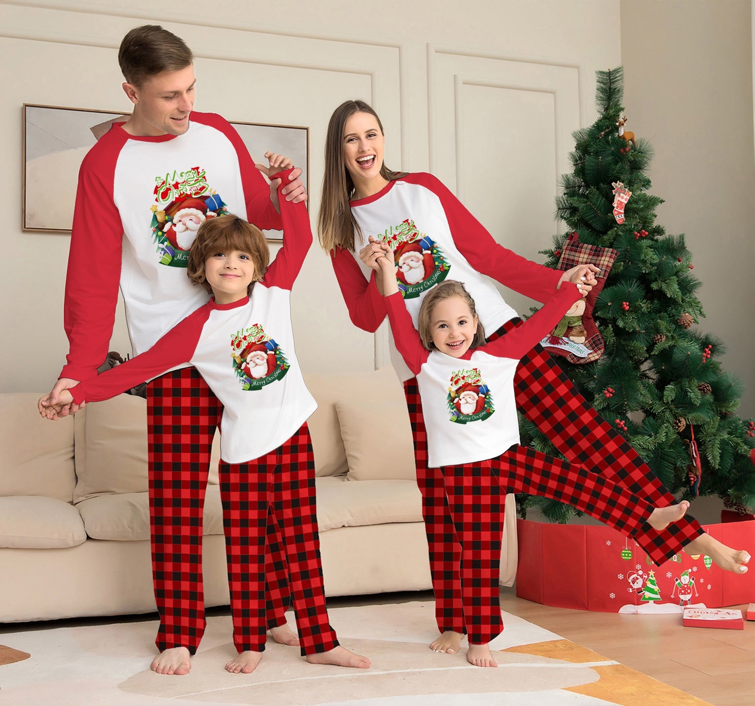 Christmas Parent-Child Clothes Set Long Sleeve T-Shirt Plaid Pants Family Matching Pajamas CJ