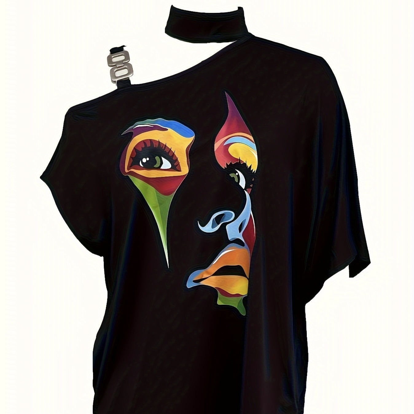 Ladies' Fashionable Slanted Shoulder Collar Printed T-shirt Top CJ US