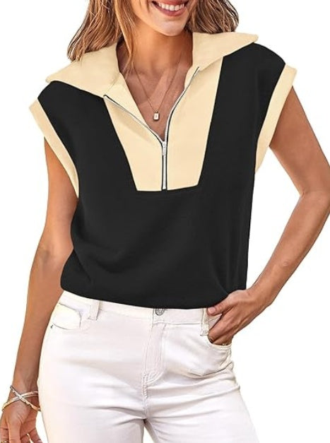 Fisoew Womens Half Zip Sweatshirts Short Sleeve Color Block Lapel V Neck Loose Summer Pullover Tops CJ US