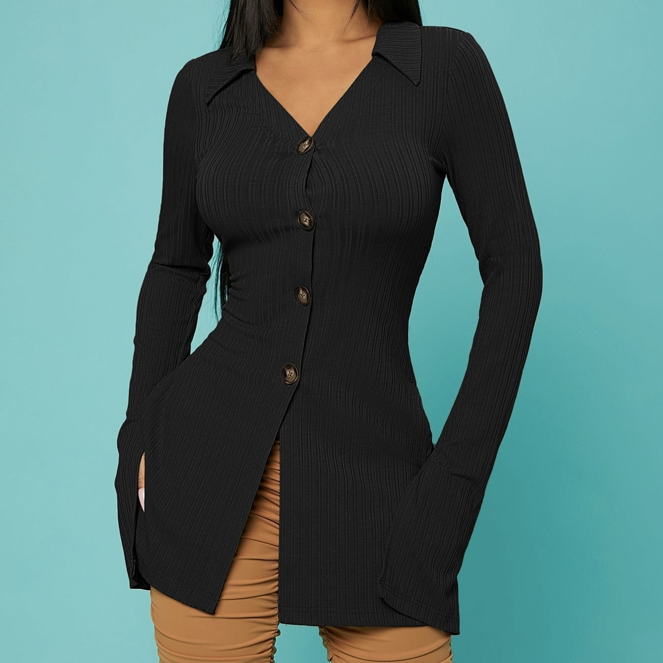 Ladies' V-neck Solid Color Button Slit Elegant Ribbed Knit Shirt Top CJ US