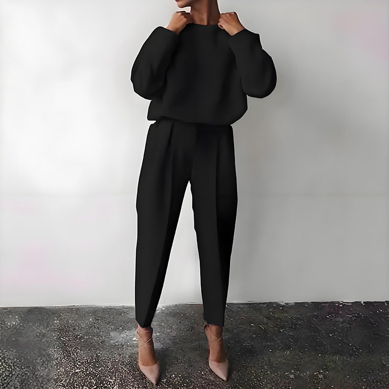 Women's Solid Color 2-Piece Set Round Neck Long Sleeve Top & Pleated Pants Loungewear For Spring & Fall CJ US