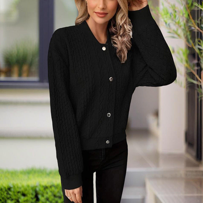 Women's Solid Color Button-Up Long Sleeve Jacket - Ribbed Texture Casual Top For Spring & Fall CJ US
