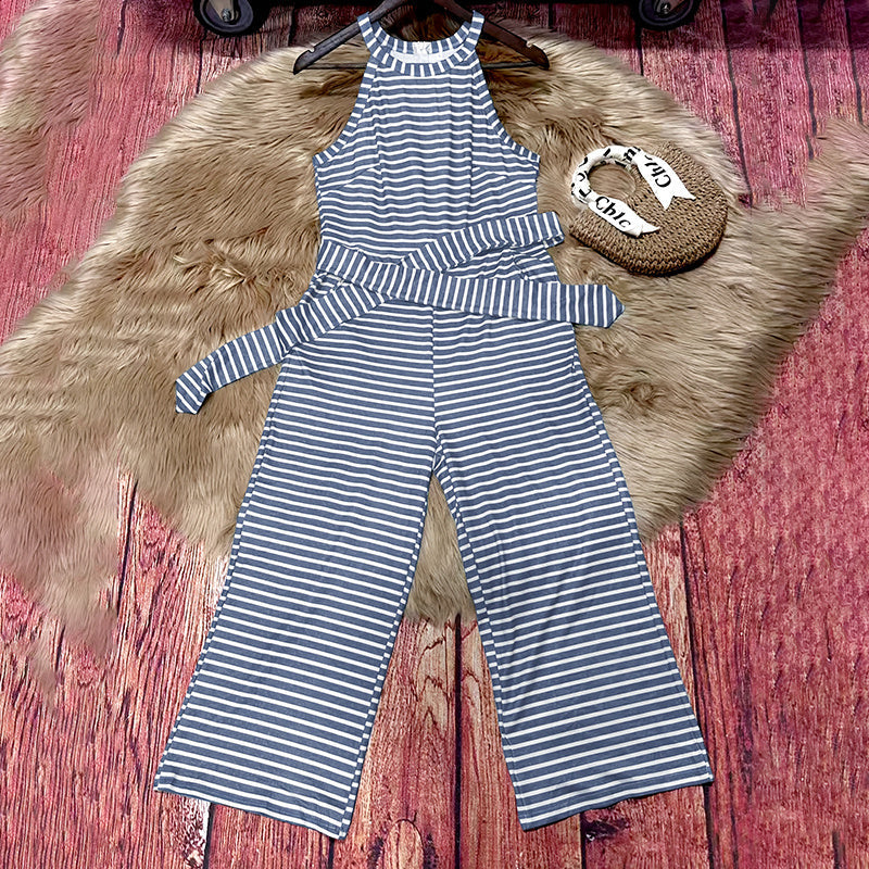 Casual Striped Jumpsuits Summer Cap Sleeve Wide Leg Jumper CJ US