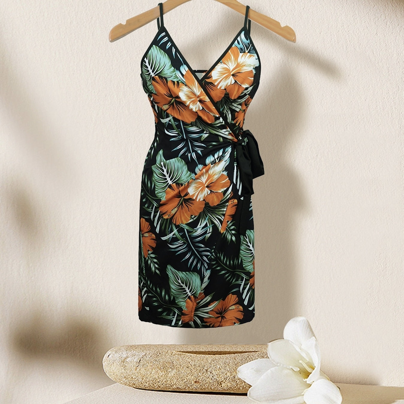 Women's V-neck Lace Up Plant Print Off Shoulder Versatile Dress CJ