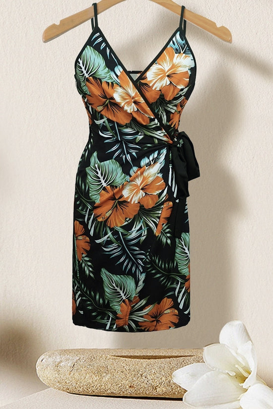 Women's V-neck Lace Up Plant Print Off Shoulder Versatile Dress CJ