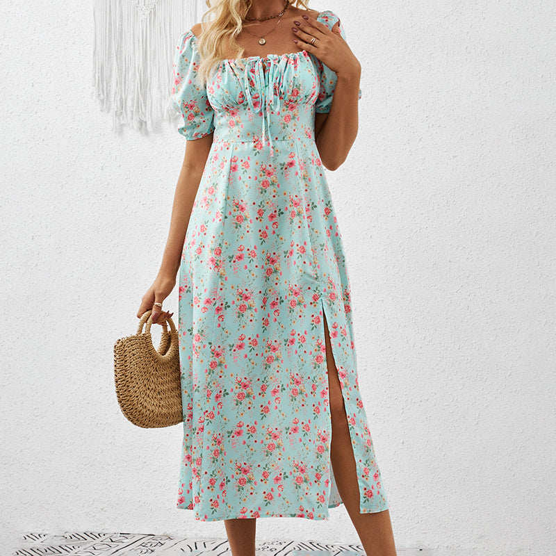Women's Square Neck Floral Print Dress With Puff Sleeves & Side Slit - Elegant Spring Summer Boho Maxi Dress CJ US