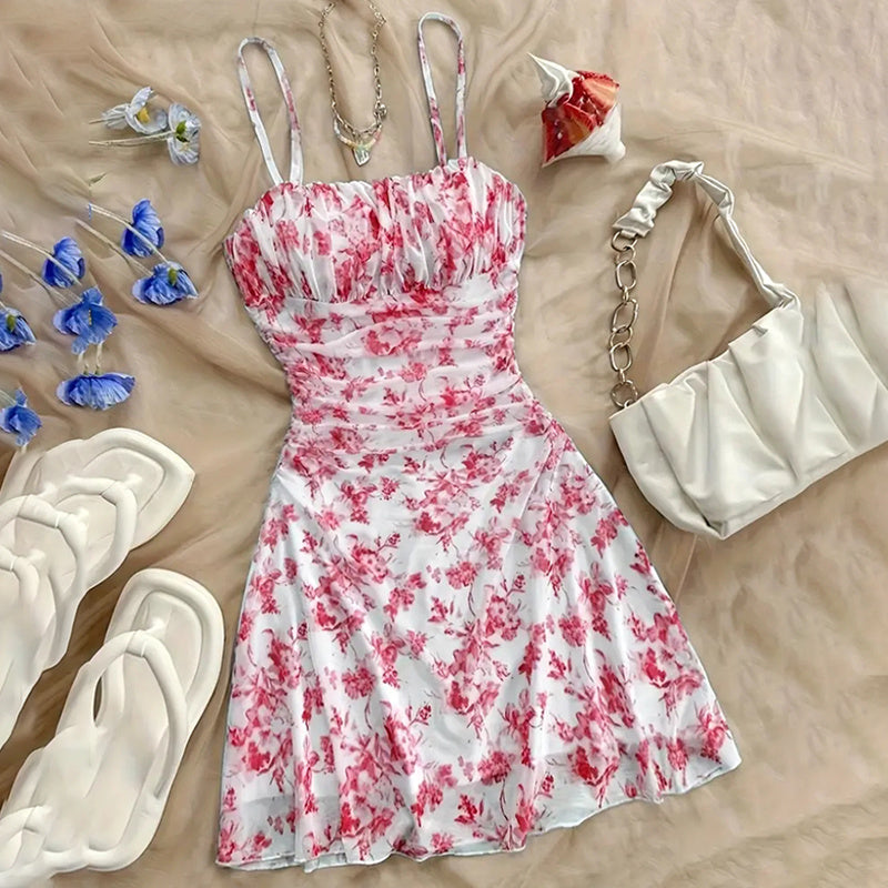 Women's Boho Floral Print Mini Dress Spaghetti Strap Ruched Ruffle Hem Vacation Sundresses CJ