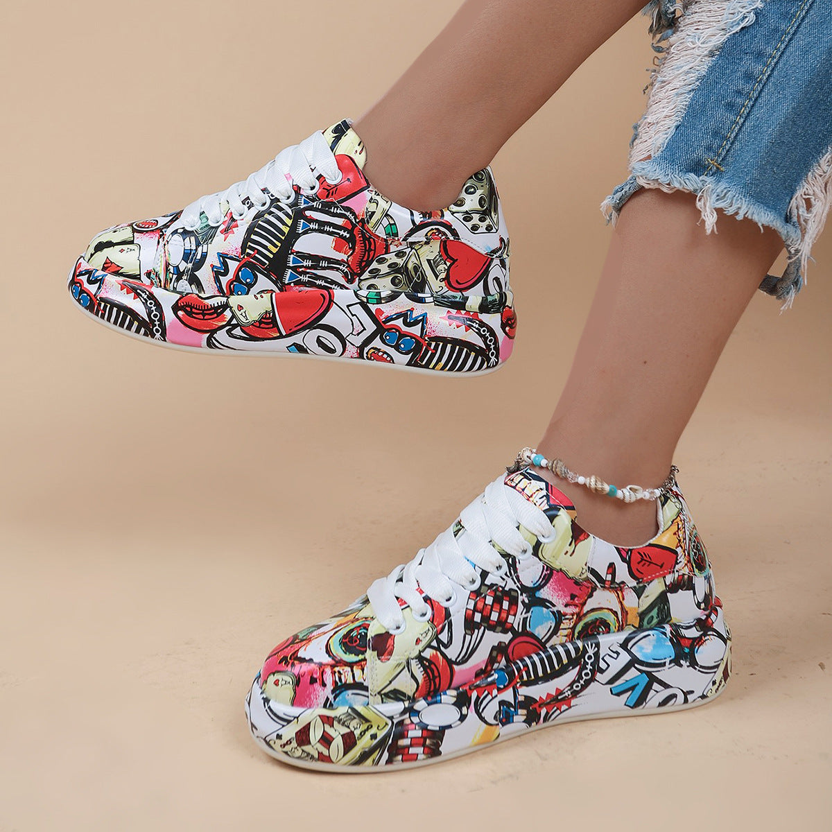 Round-Toe Thick-Sole Lace-Up Sneakers — Women’s Casual Print Shoes 