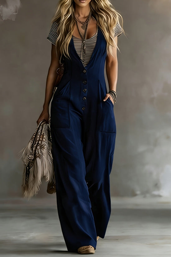 Women's Simple Sleeveless Loose Jumpsuit With Two Pockets 