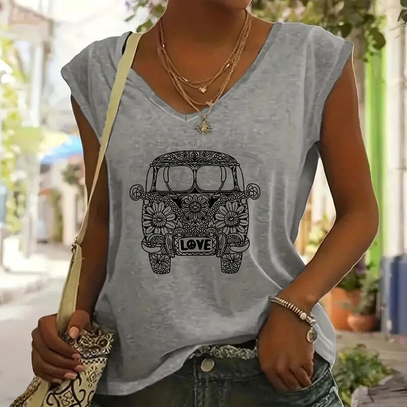 Women's V-Neck Short Sleeve T-Shirt Floral Car Print Summer Casual Top CJ US