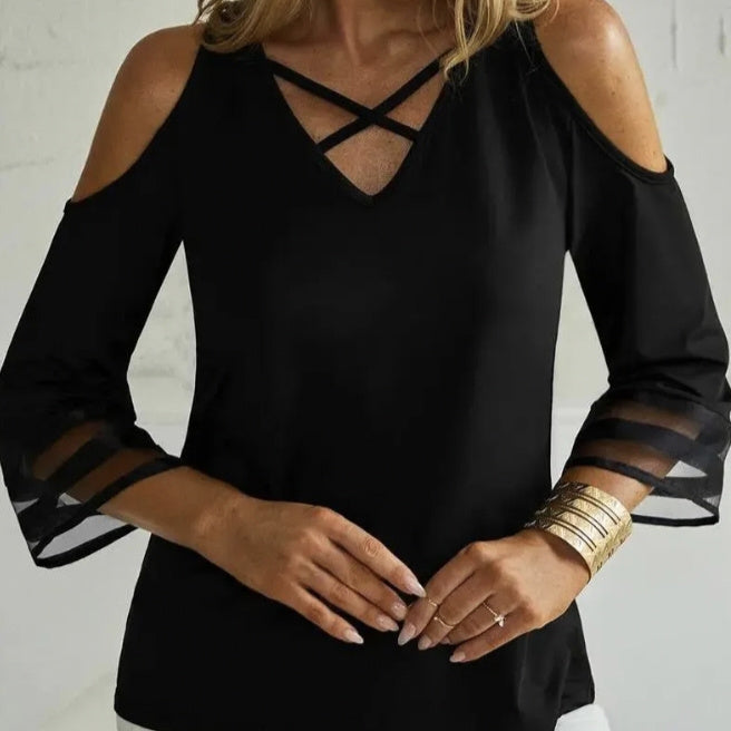 Ladies' Solid Color Collar Cross Design Off Shoulder Fashionable Casual Mid Long Sleeved T-shirt Top CJ US