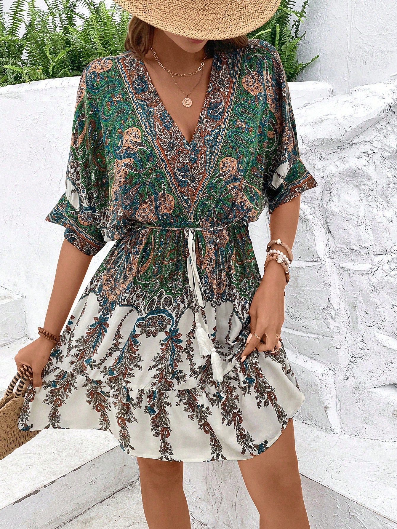 Paisley Print Batwing Sleeve Tassel Tie Front Ruffle Hem Dress CJ US