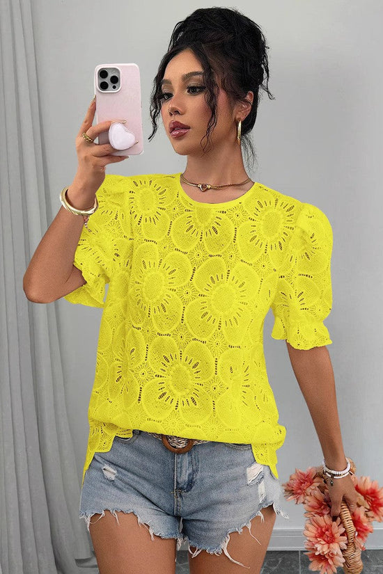 Casual Hollow-Out Lace Puff-Sleeve Shirt Top 