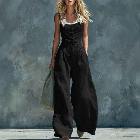 Womens Retro High-Waisted Wide-Leg Jumpsuit 