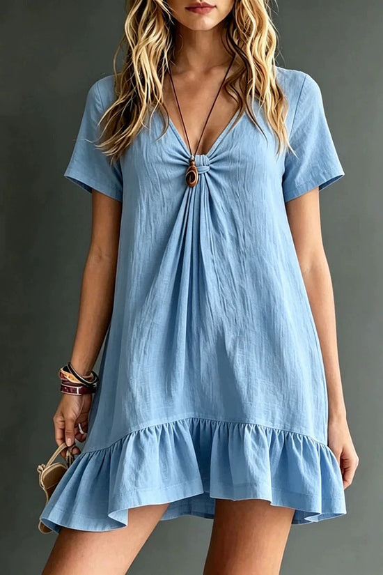 Womens Solid-Color V-Neck Short-Sleeve Casual Dress 