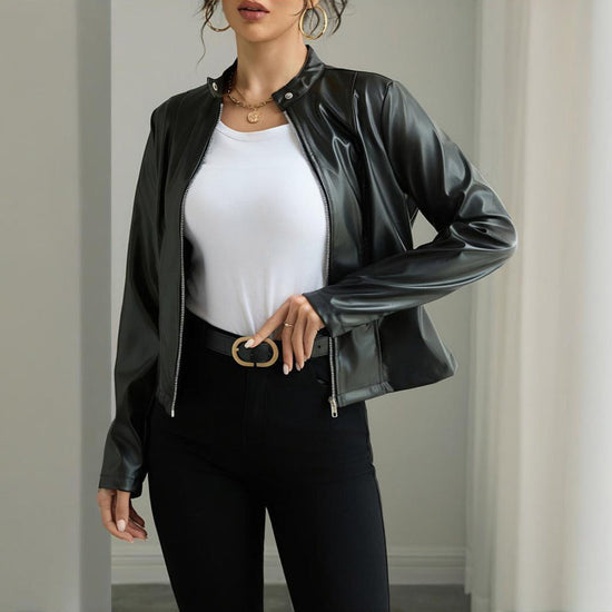 Women's Solid Color Long Sleeve Stand Collar Faux Leather Blazer CJ US