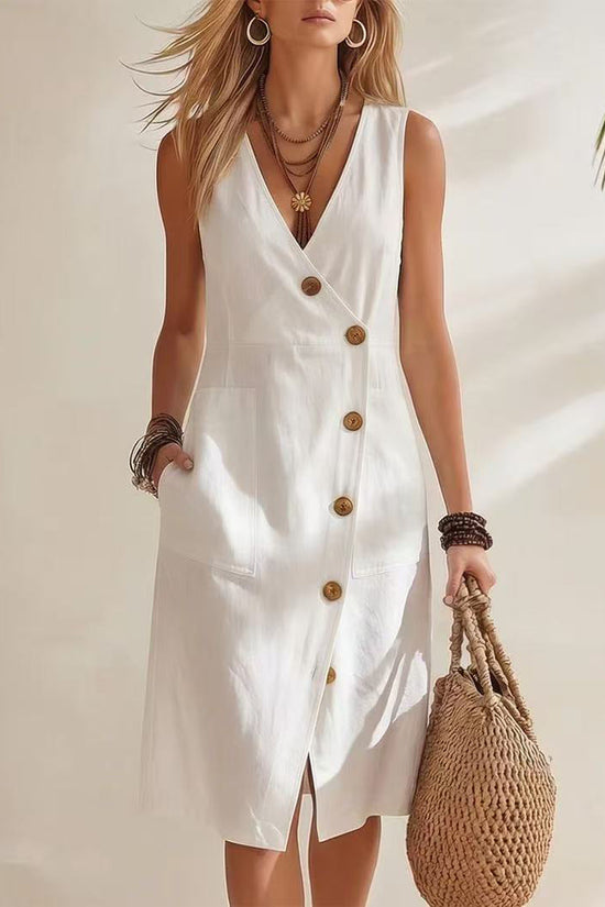 Resort-style V-neck Sleeveless Asymmetrical-button Midi Dress 