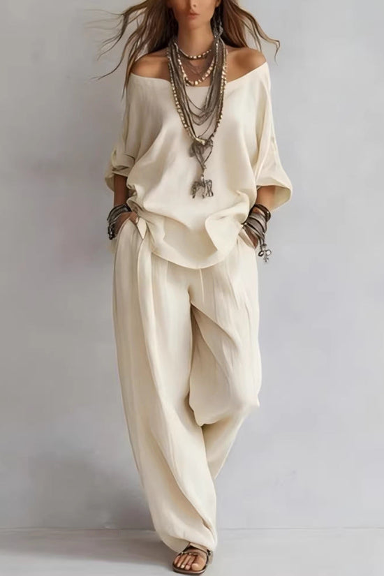 Chiffon Puff-Sleeve Top & Wide-Leg Pants Set – 15 Colors 