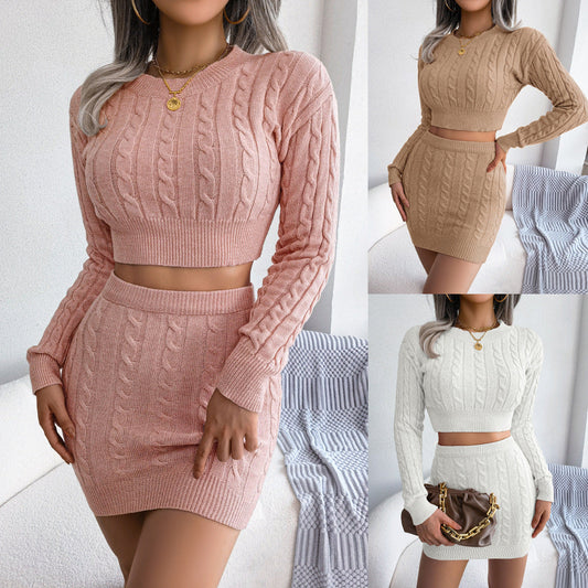 Casual Twisted Knit Crop Sweater And Bodycon Skirt Set CJ US