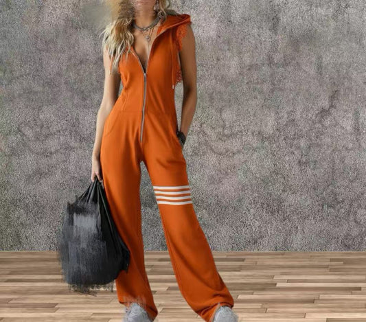 New Style Sporty Retro Lace Striped Sleeveless Hooded Jumpsuit 