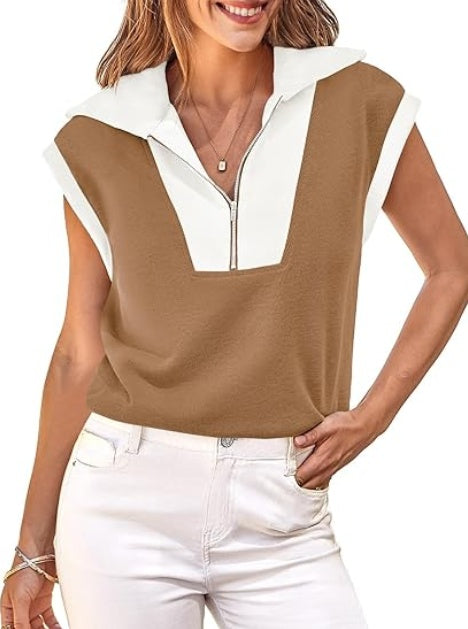Fisoew Womens Half Zip Sweatshirts Short Sleeve Color Block Lapel V Neck Loose Summer Pullover Tops CJ US