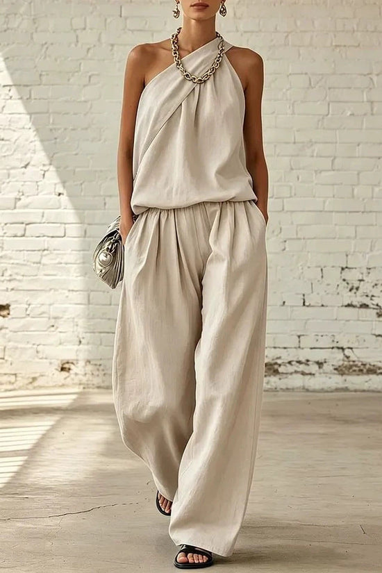 Cotton-linen Sleeveless Double-layer Top And Wide-leg Pants Set 