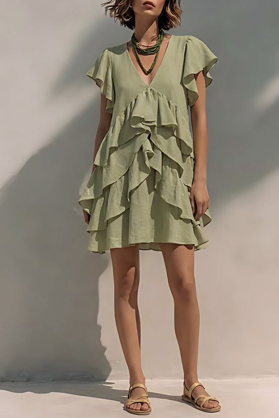 Women's V-Neck Ruffled-Edge Short-Sleeve Casual Loose Dress 
