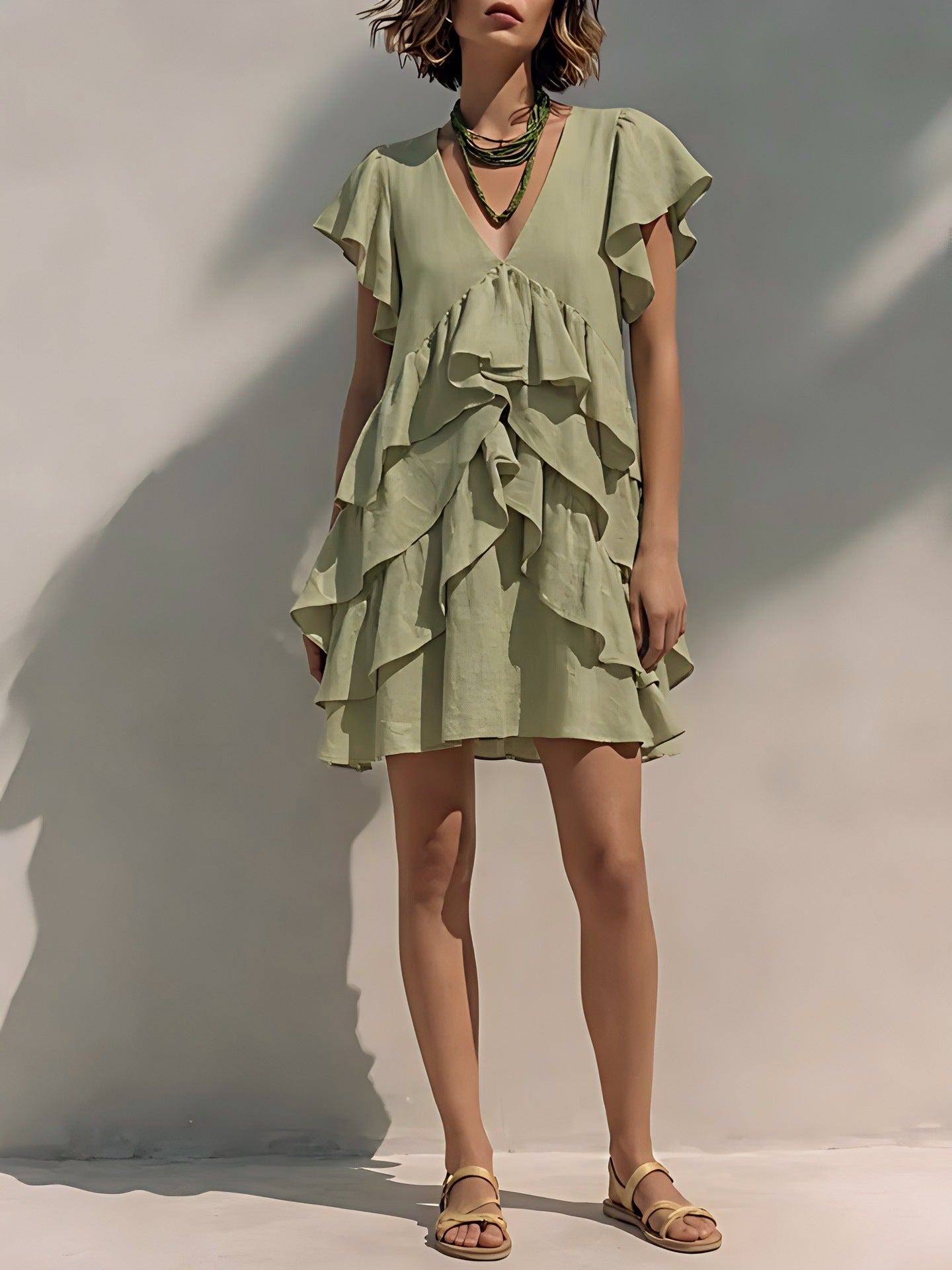 Women's V-Neck Ruffled-Edge Short-Sleeve Casual Loose Dress 