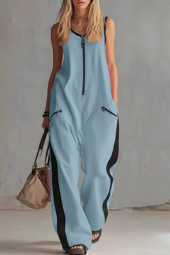 Zip-up Crewneck Sleeveless Casual Cotton Wide-leg Jumpsuit 
