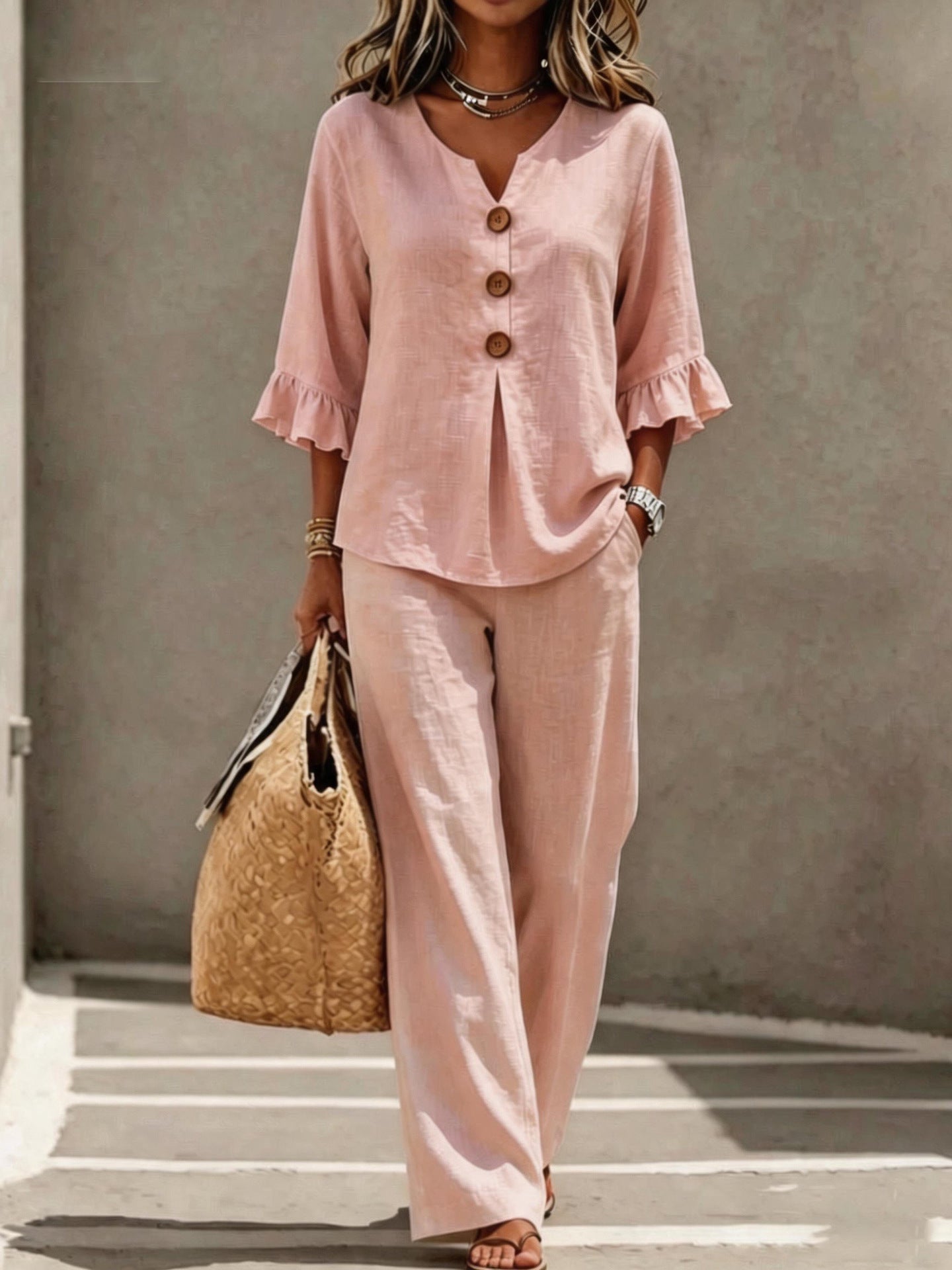 Womens V-neck Ruffle Three-Quarter Sleeve Top And Pants Two-Piece Set 