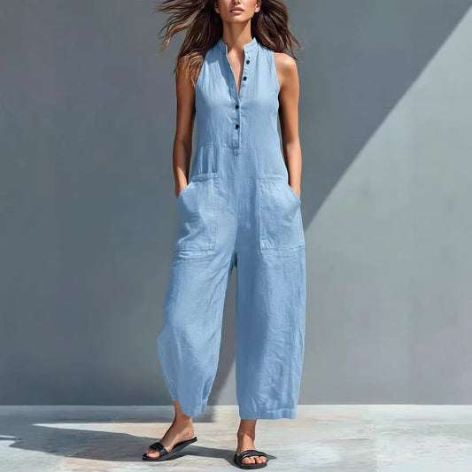 Casual Womens Buttoned Stand Collar Sleeveless Loose Jumpsuit 