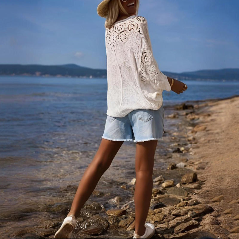 Women's V-Neck Button-Up Lace Cardigan Semi-Sheer Geometric Pattern Mid-Long Sleeve Lightweight Beach Spring&Summer Fashion CJ US