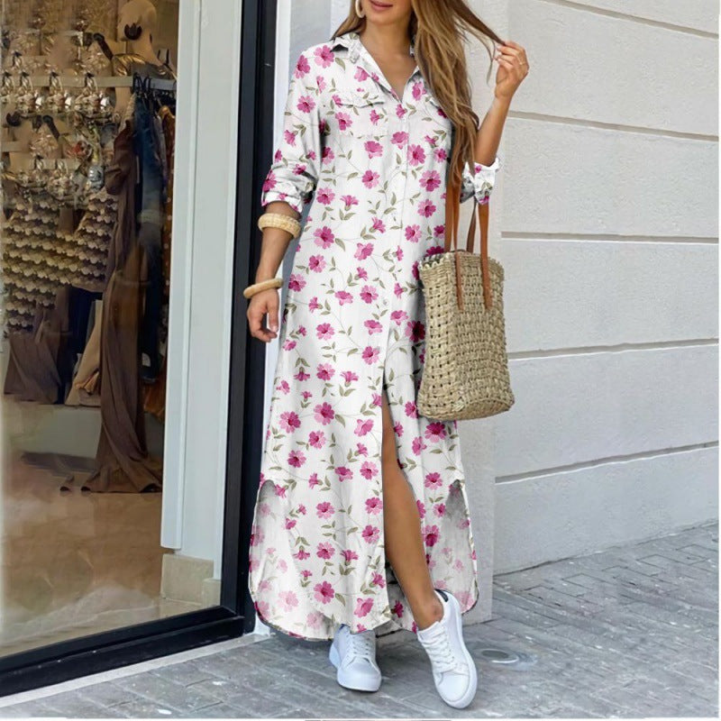 Lapel-collar Long Shirt Dress For Women 
