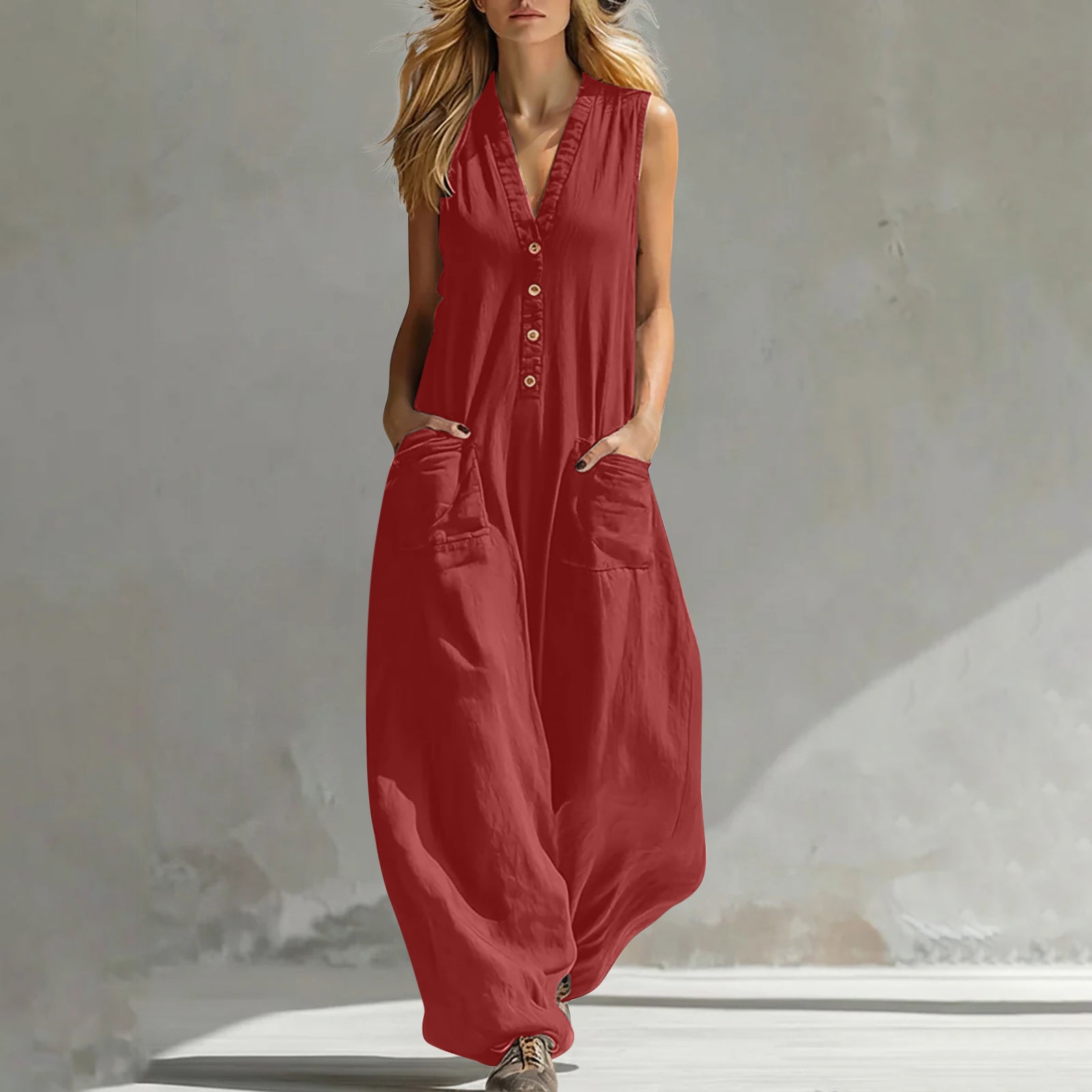 Womens Casual Linen-Cotton Sleeveless Jumpsuit With Two Pocket Straps 