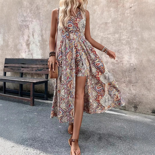 Summer Vacation Casual Chic Fashion Womens Printed V-Neck Sleeveless Jumpsuit 