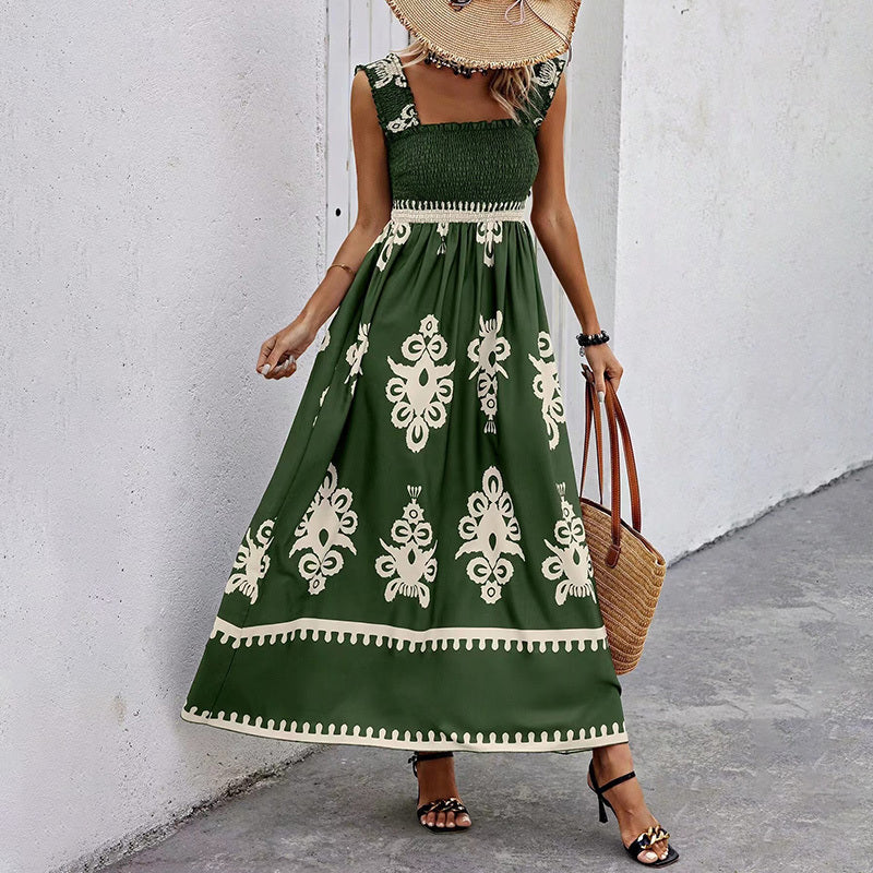 Women's Wide Strap Printed Maxi Dress With Bust Pleats, A-Line Vacation Dress CJ US