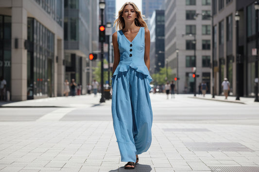 Sleeveless V-neck Ruffled Tank Top Draping Wide-leg Pants Two-piece Set 