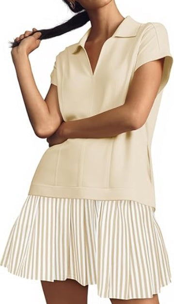 Fisoew Womens Summer Mini Dress Casual Patchwork Short Sleeve Polo V Neck Striped Dresses With Pockets CJ US