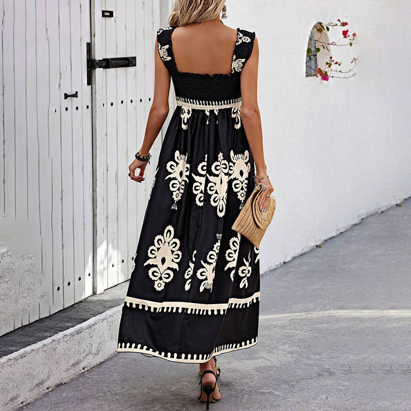Women's Wide Strap Printed Maxi Dress With Bust Pleats, A-Line Vacation Dress CJ US