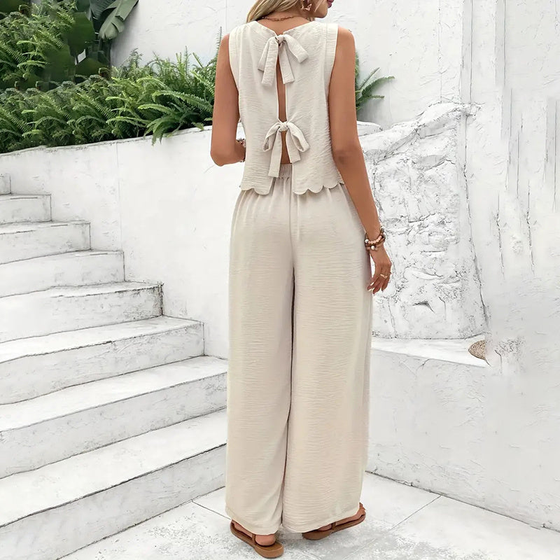 Women's Elegant 2-Piece Matching Set, Sleeveless Crop Top And Wide Leg Pants Outfits CJ