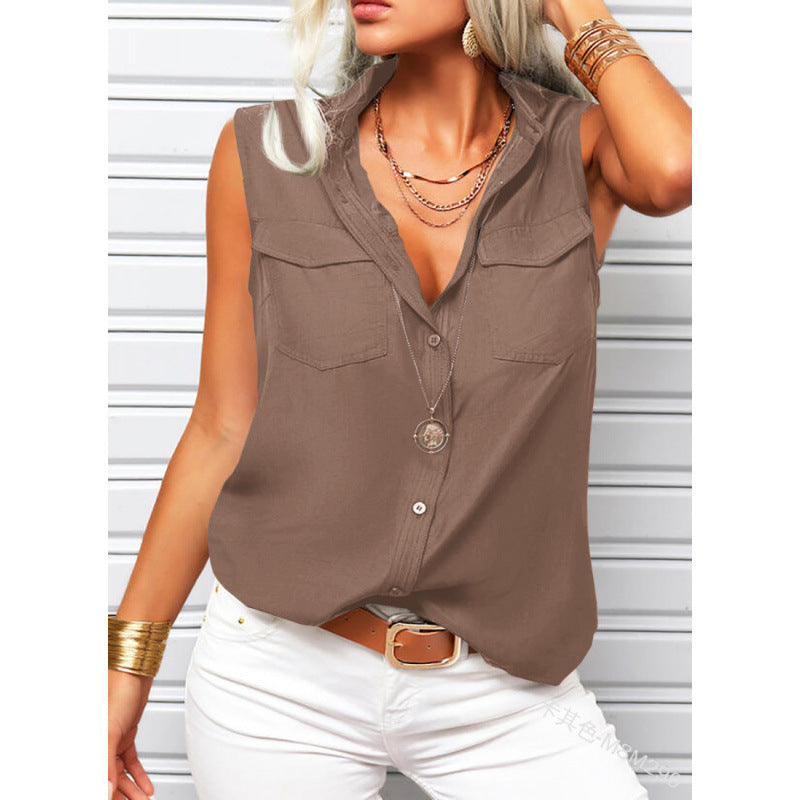 Solid-color Lapel-collar Loose-fit Sleeveless Top With Pockets 