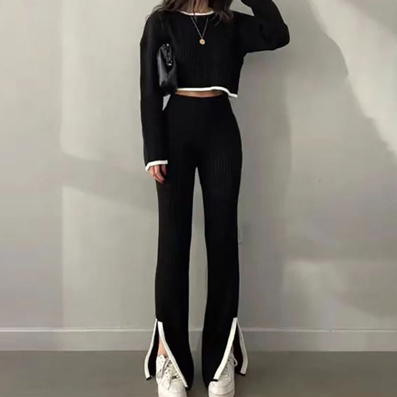 Women's Casual Color-Block Two Piece Set, Long Sleeve Crop Top With Slim Slit Pants, Spring&Autumn Comfort Outfit 