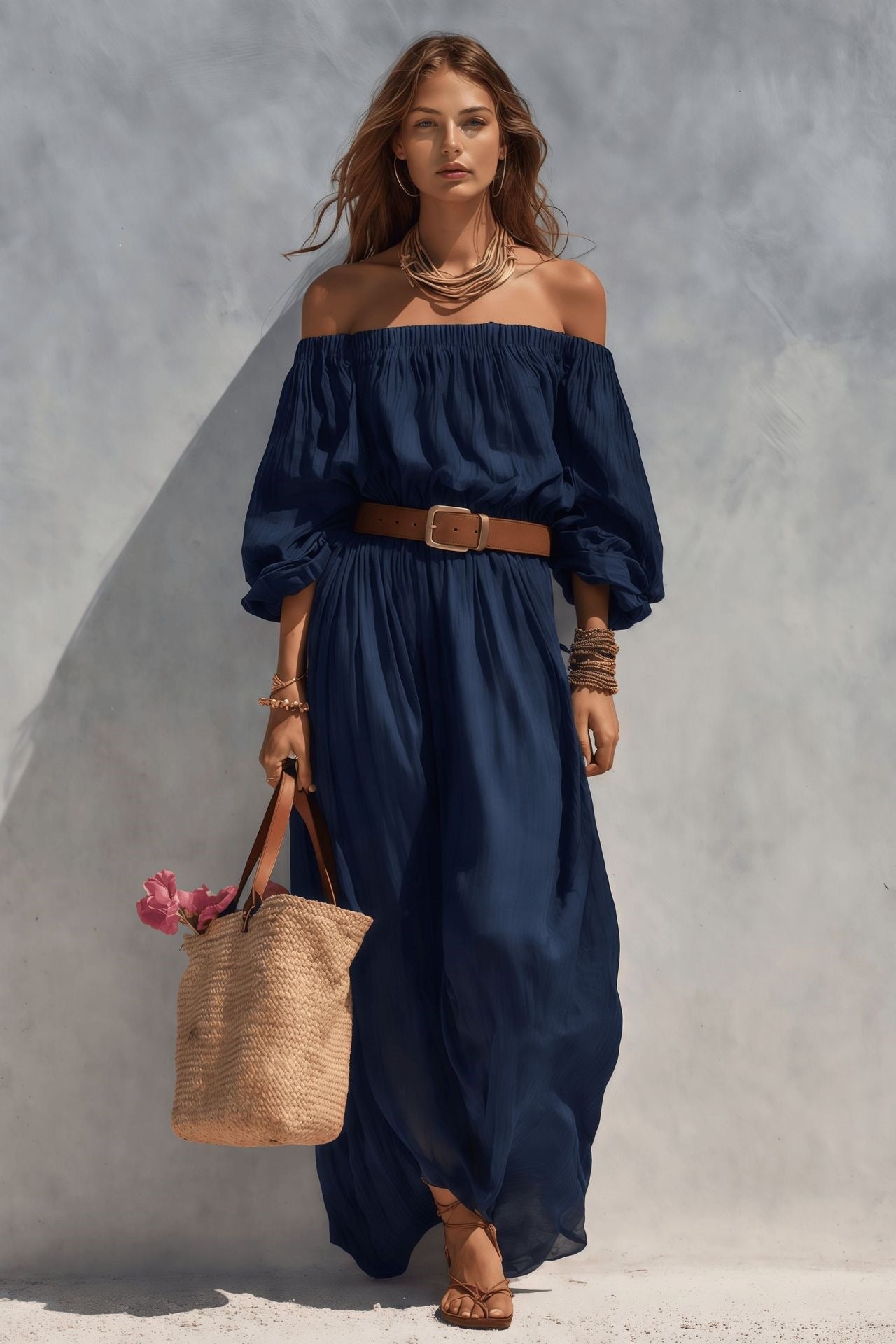 Womens Boat-Neck Sleeveless Casual Cotton-Linen Maxi Dress 
