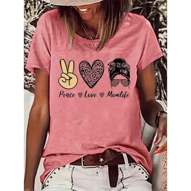 Women's Round Neck V-Sign Gesture Hearts Cute Girl Silhouette Graphic Short Sleeve T-Shirt Summer Top CJ US