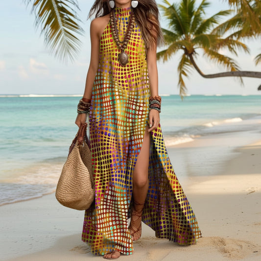 Loose-fit Printed Halterneck Split Dress 