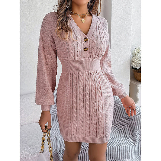Women's Cable Knit Sweater Dress - V-Neck Button Front Lantern Sleeve Bodycon Mini Dress With Elastic Waist For Fall CJ US