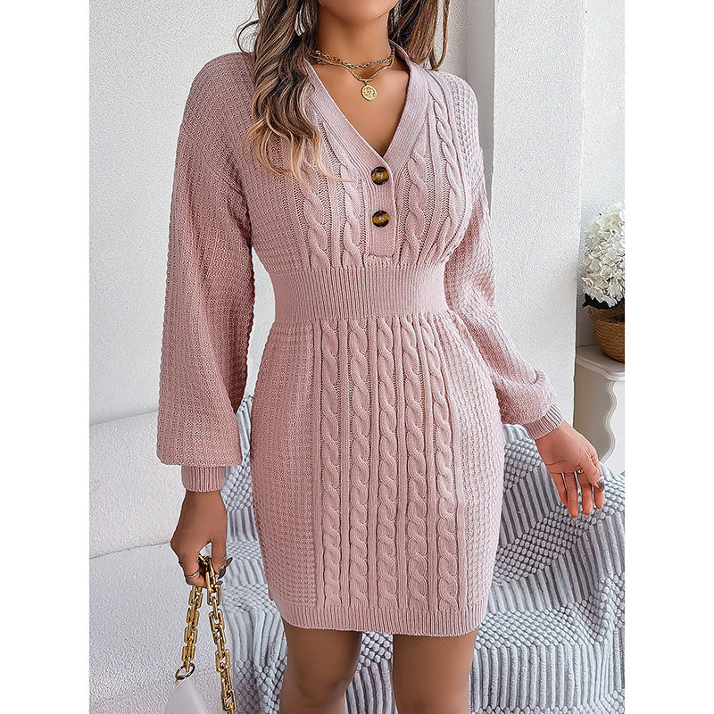 Women's Cable Knit Sweater Dress - V-Neck Button Front Lantern Sleeve Bodycon Mini Dress With Elastic Waist For Fall CJ US