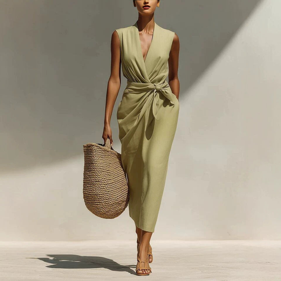 Solid-color Sleeveless Cotton-linen Feel Midi Dress 