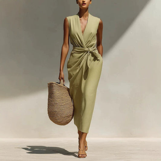Solid-color Sleeveless Cotton-linen Feel Midi Dress 