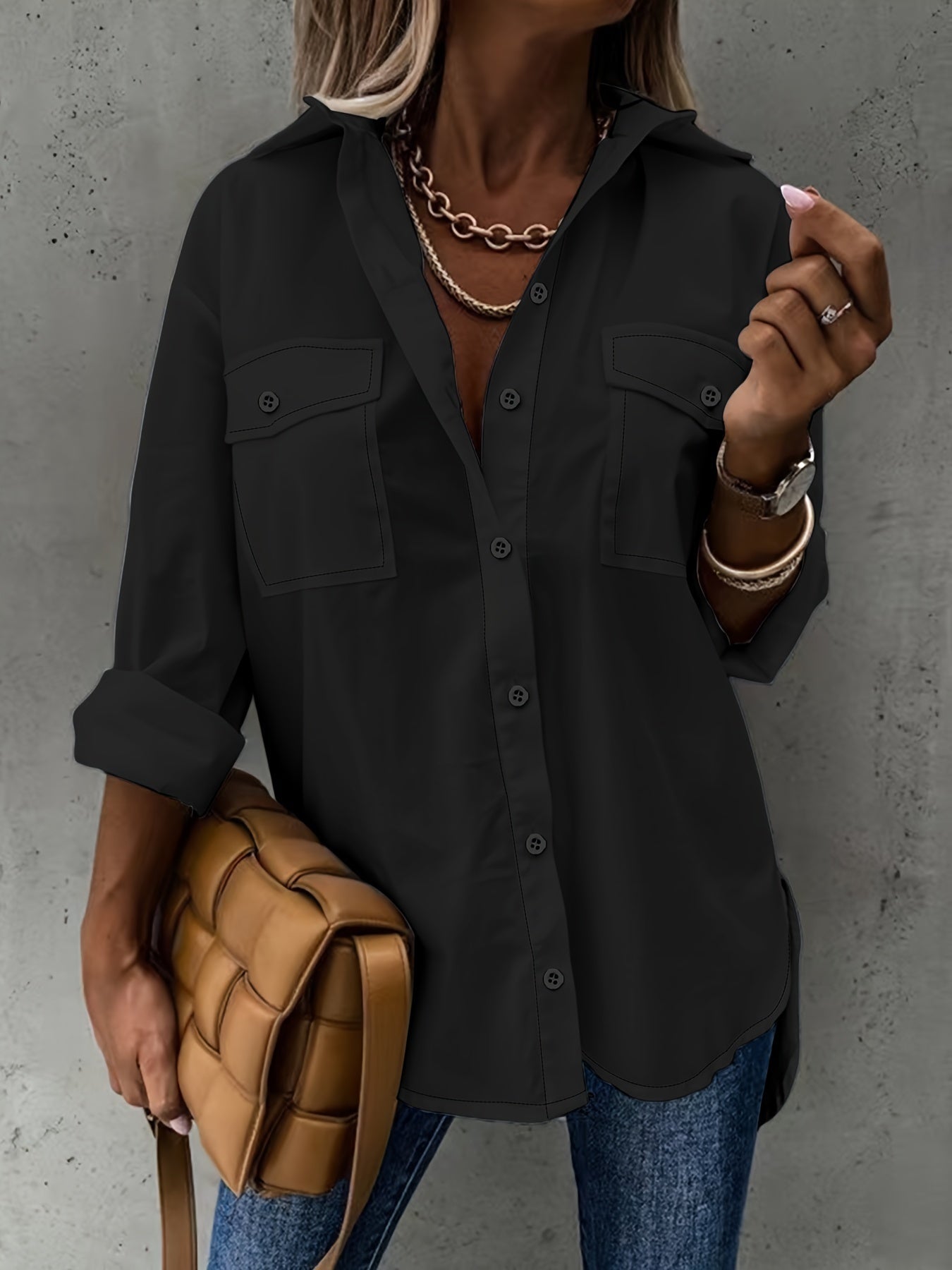 Simple Casual Long Sleeve Shirt With Pocket CJ US